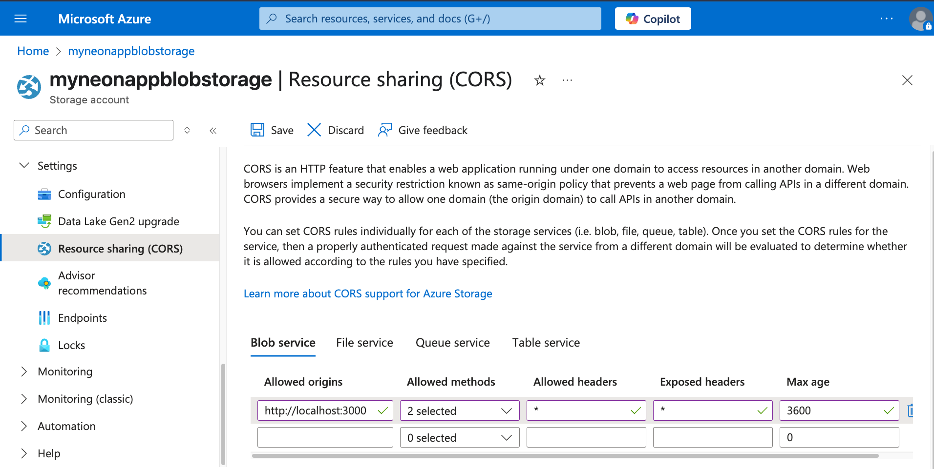 Azure Storage CORS Configuration